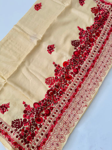 Lightweight Parsi Bullion Embroidery Pure Tussar Silk Saree | Cream yellow | Gujarati Hand Embroidery | Ships from California